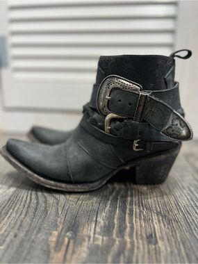 Women's Black Western-Inspired Ankle Boot with Buckle Detail